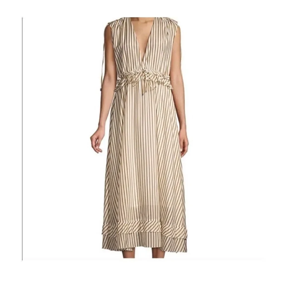 Robert Rodriguez XS Tiered Midi Dress Gold White Stripe Coastal Lagenlook New